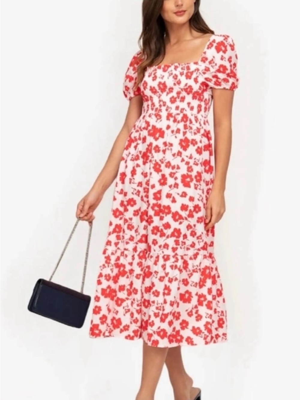 ZARA- Red Floral Puff-Sleeve Midi Dress - Women